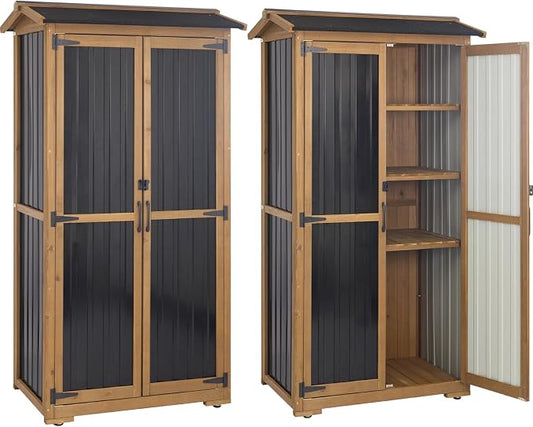 Storage Cabinet Outdoor Garage Cabinets with 3 Adjustable Shelves, Lockable Door, Wood & Metal Weather-Resistant Pantry Cabinet for Patio Garden Home Farm (33.3" Lx 21" Wx 69" H) by PETSCOSSET