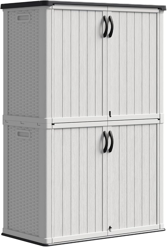 Patiowell 50 cu.ft Plastic Outdoor Storage Shed, Lockable Waterproof Resin Storage Cabinet Vertical Storage Shed for Garden Tools, Garbage Cans, Pool Supplies, White(Not Include Shelves) by Patiowell
