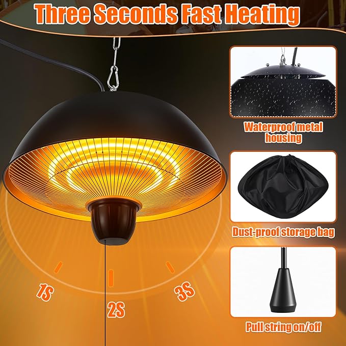 Hanging Patio Heater 1500w Outdoor/Indoor Electric Infrared Hanging Ceiling Heater with Storage Bag 3s Fast Heating, Quiet, Adjustable Chain, for Home Porch Gazebo Balcony Garage Studio