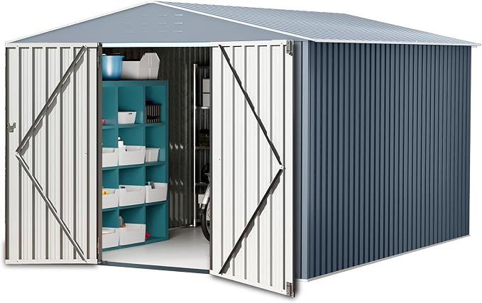 8X12FT Outdoor Metal Storage Shed, Lockable Weatherproof Garden Shed for Tools & Equipment, Durable Galvanized Steel with Sloping Roof & Ventilation, Ideal for Backyard, Patio & Garage Storage, Grey by BouPower