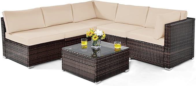 Tangkula 6 Pieces Patio Furniture Set, Outdoor Wicker Conversation Set with Glass Coffee Table, Wicker Sofa Set with Back & Seat Cushions, Rattan Sectional Conversation Set for Backyard Garden