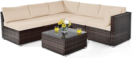 Tangkula 6 Pieces Patio Furniture Set, Outdoor Wicker Conversation Set with Glass Coffee Table, Wicker Sofa Set with Back & Seat Cushions, Rattan Sectional Conversation Set for Backyard Garden