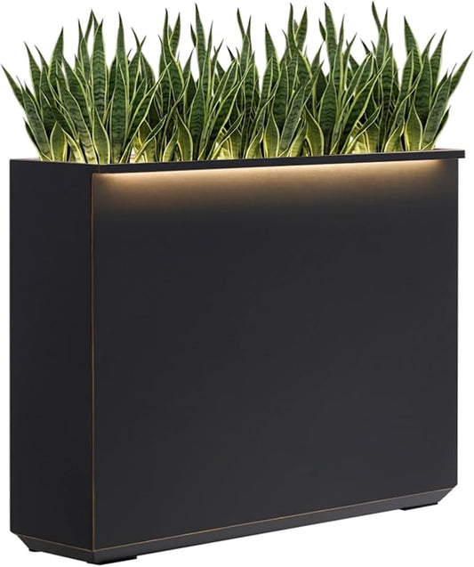Wallowa Metallic Heavy Planter with Two Led Light Strips, 38Lx10Wx30H Inches Tall and Long Metal Divider Planter Box with Hand Brushed Gold Edge for Outside & Indoor, No Assembly (Black)