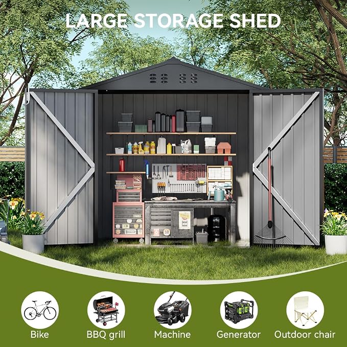 COMHOMA Shed Outdoor Storage Shed Metal,Lockable Doors Tool Sheds with Sloping Roof,Steel Garden Shed with Air Vent for Backyard,Patio,Lawn,Poolside(Grey,8'x6') - Image 5