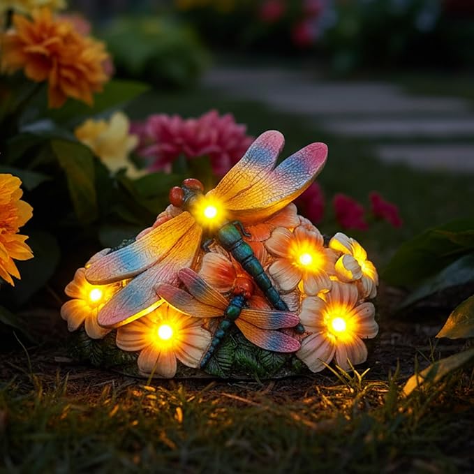 Dragonfly Solar Garden Statues Outdoor Decor5.5"-Waterproof Resin Yard Art with 5 LED Lights,Gradient Wings Figurine for Patio Lawn Porch,Unique Gardening Gifts for Women Mom Grandma Housewarming