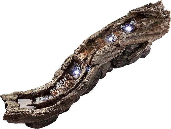 Alpine Corporation 80" Long Indoor/Outdoor Wood River Log Water Fountain with LED Lights, Cascading Natural Water Feature for Gardens, Patios, Yards, and Outdoor Decor, Brown and Gray