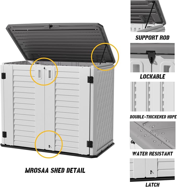 Mrosaa Outdoor Patio Storage Shed,Waterproof Horizontal Outdoor Storage Cabinet for Garbage Cans,Tools and Lawnmower Lockable(34 Cu.ft-Warm-White) - Image 5