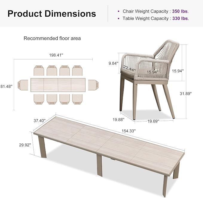 PURPLE LEAF 11 Pieces Patio Dining Set Aluminum Modern Oversize Rectangular Table and Rattan Arm Chairs with Cushions for Kitchen Porch Garden Outdoor Furniture Sets, Champagne - Image 8