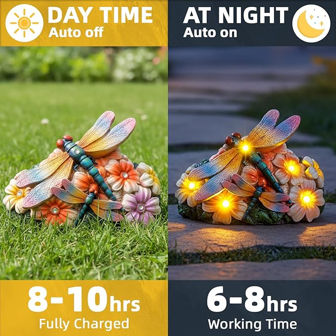 Dragonfly Solar Garden Statues Outdoor Decor5.5"-Waterproof Resin Yard Art with 5 LED Lights,Gradient Wings Figurine for Patio Lawn Porch,Unique Gardening Gifts for Women Mom Grandma Housewarming