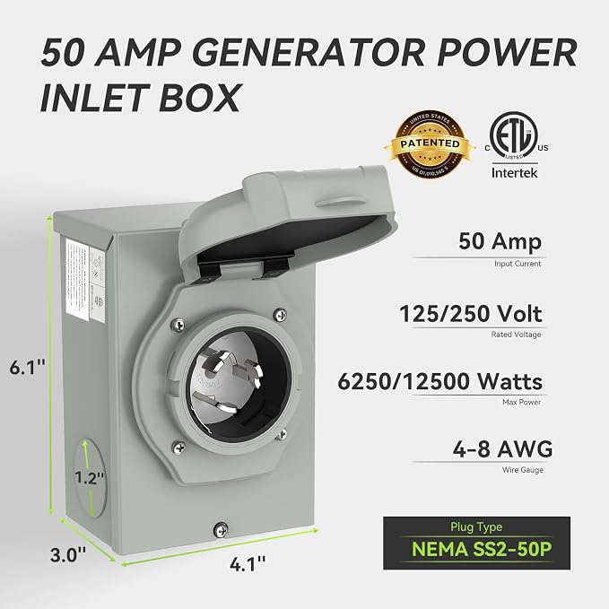 Pre-Drilling 50 Amp Generator Inlet Box RVMATE, NEMA SS2-50P Power Inlet Box, 125/250V, 6250/12500W 50a Power Inlet Box, ETL Listed, Waterproof for Outdoor Use - Image 3