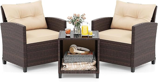 KOTEK 3 Piece Patio Furniture Set, Outdoor Conversation Set with Washable Cushions & Storage Table, PE Rattan Wicker Bistro Set for Porch, Backyard, Balcony (Beige)