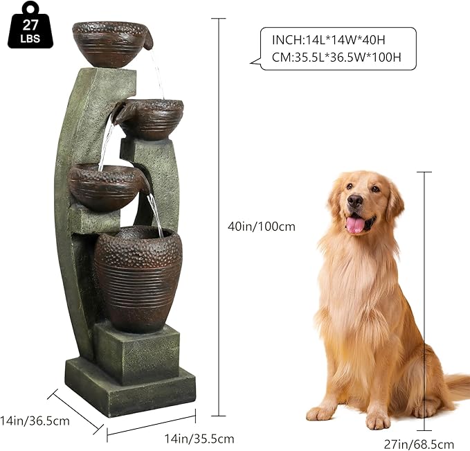 Naturefalls 40" Tall Outdoor Water Fountain and Waterfalls - Large Garden Fountain with LED Lights, 4-Tier Crocks, Indoor and Outdoor Fountains for Garden, Patio, Deck, Porch, Backyard and Home, Gray