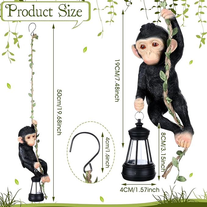 Solar Light Outdoor Monkey Statues Black 7.48 Inch Resin Chimpanzee Baby Monkey Climbing on Vine with LED Lantern Waterproof Hanging Figurine with Hook for Yard Garden Wall