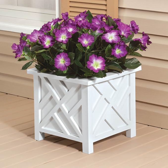 Miles Kimball Chippendale Planter Box, White – Plant Holder for Garden, Patio and Lawn – 14 ¾” sq. x 13 ¼ H Overall