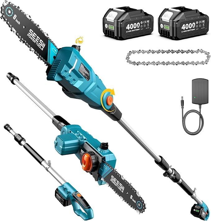 SEESII 8-Inch Electric Pole Saws: 21V Cordless Pole Saws for Tree Trimming, 15-Foot Max Reach, Auto Oiling, Tree Trimmer with 2x4000mAh Battery & Fast Charger, Tree Saw Ideal for Pruning Branches by SEESII