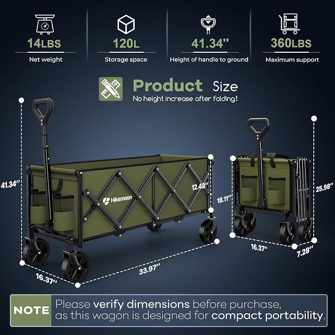 Hikemoon 34'' Extra Long Collapsible Wagons Carts Foldable, 360LBS Heavy Duty Folding Beach Wagon with Wheels, Portable Utility Outdoor Cart for Grocery, Garden, Sports, Camping, Green - Image 4