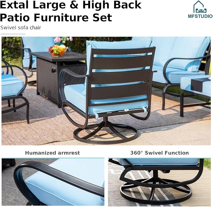MFSTUDIO 5 Pieces Patio Conversation Sets,Outdoor Metal Furniture Sofas with 1 x 3-Seat Sofa, 2 x Swivel Chairs,2 x Ottoman,Wrought Iron Frame with Blue Cushion for Patio Courtyard Balcony