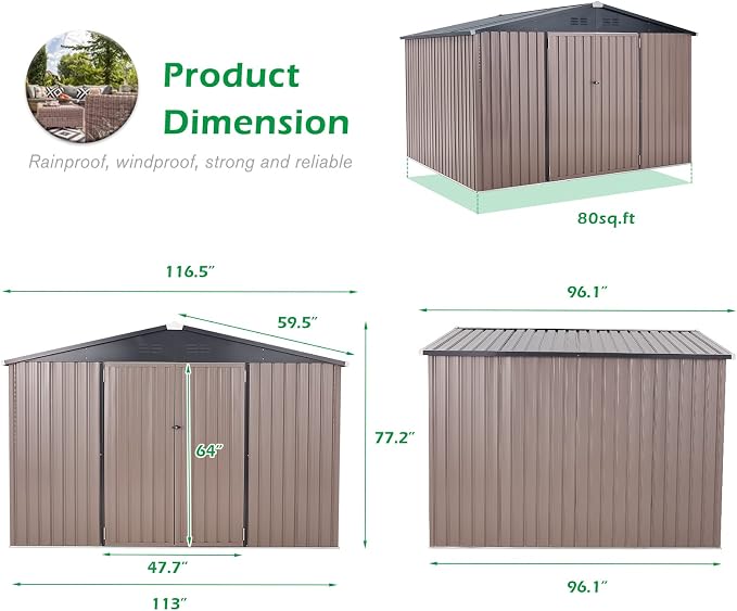 AECOJOY 8' x 10' Outdoor Storage Metal Shed, Steel Yard Garden Sheds & Outdoor Storage Clearance with Design of Lockable Doors, Utility and Tool Storage for Garden, Backyard, Patio, Outside use - Image 2