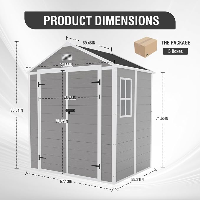 YOPTO 6x5 FT Resin Storage Shed,Garden House with Floor & Lockable Door,Waterproof Plastic Tool Sheds W/Slanting Roof Visual Window & Air Vents for Bicycles,Lawnmowers,Lawn,All Weather Use,Gray - Image 2