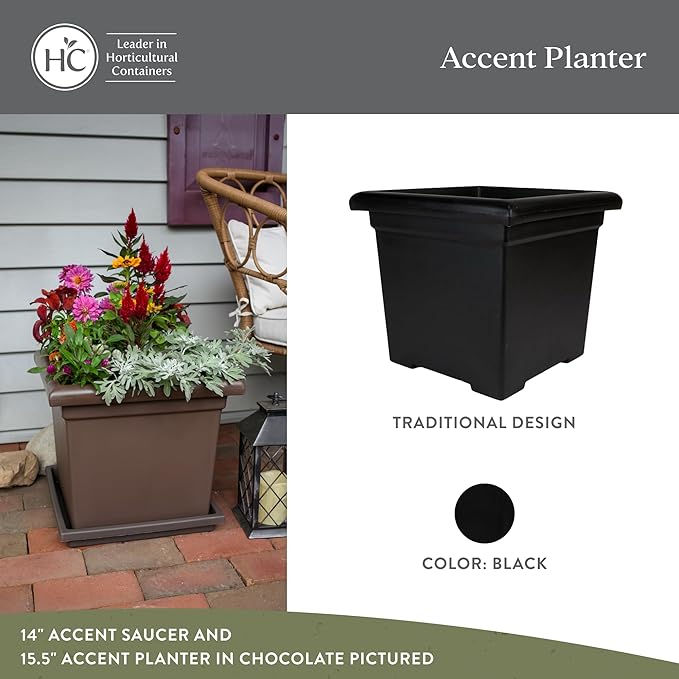 The HC Companies Accent Square Plant Pot w/Drainage - Classic Planters for Outdoor Plants & Indoor Plants - Lightweight & UV-Resistant Square Planter Box (15.5”, Black, Pack of 1)