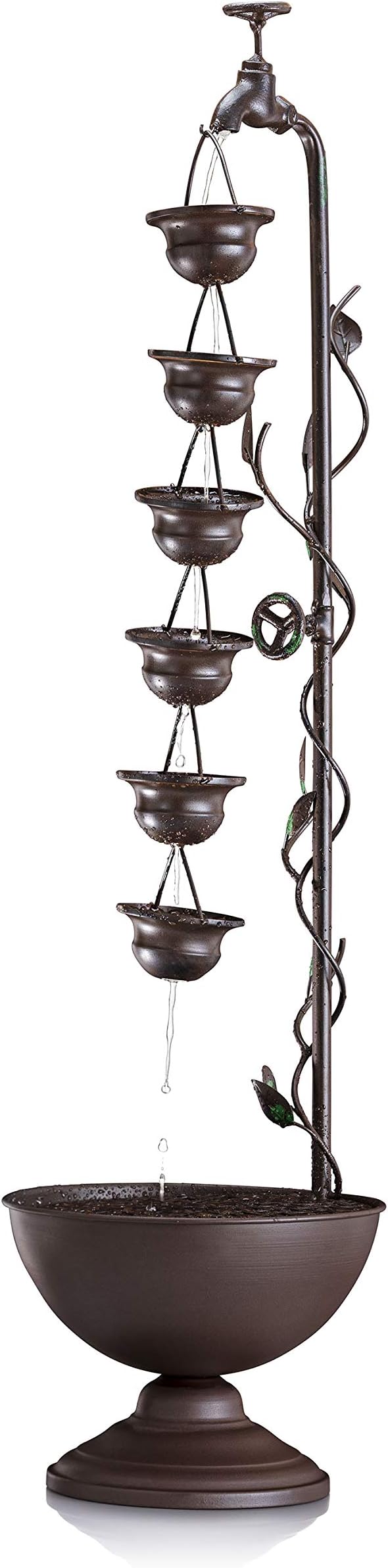 Alpine Corporation MAZ254 Outdoor Floor Tiered Vintage Water Fountain w/ 6 Hanging Cups, Soothing Tier Waterfall, 38", Bronze