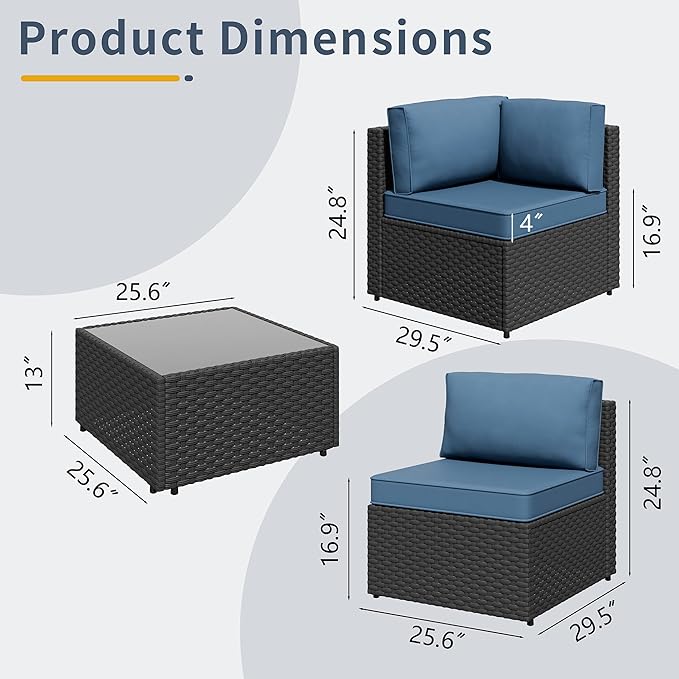 SUNLEI 5 Piece Outdoor Patio Furniture Set with Fire Pit Table, Black PE Rattan Wicker Conversation Sofa Set with Blue Cushions, All Weather Sectional Patio Couch for Backyard, Deck, Garden, Porch