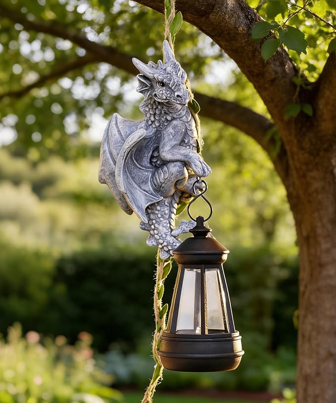 Nacome Dragon Outdoor Statues for Garden: Outside Hanging Climbing Sculptures with Lantern Decor for Yard Art Porch Balcony - Birthday Gifts for Grandma Mom Women