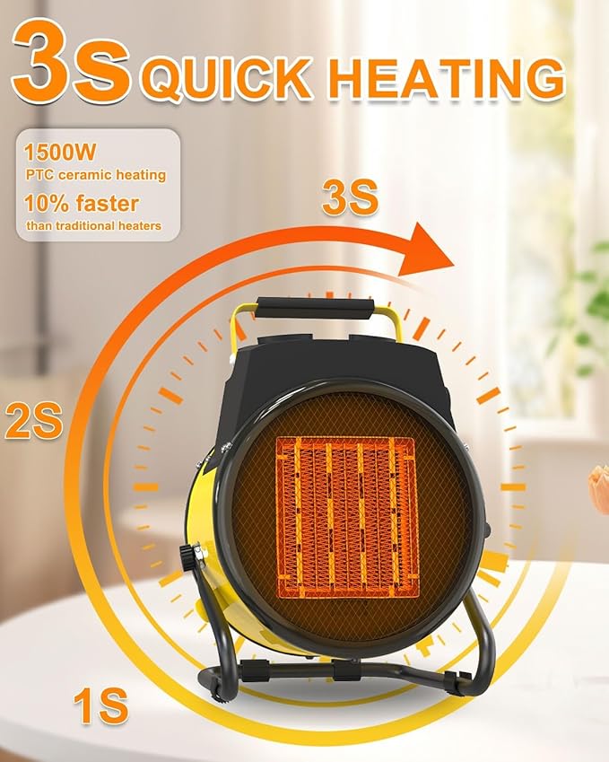 Buyplus Outdoor Heaters for Patio, 1500W Portable Garage Heater with Overheat Protection & 3S Fast Heating, Non-Slip Cushion, Electric Space Heater for Patio, Garage, Bedroom, Office, Yellow