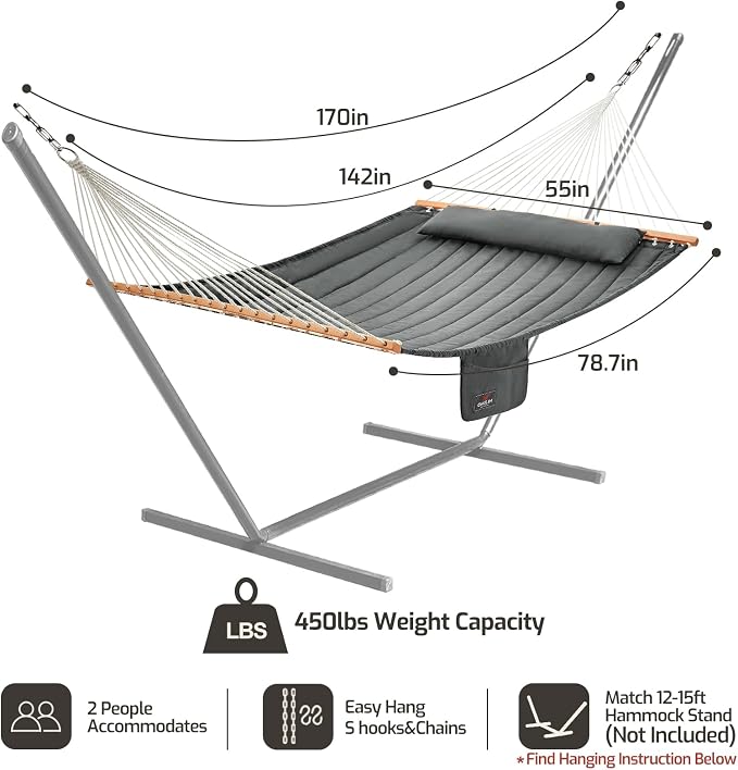 CHULIM Double Quilted Fabric Hammock with Hardwood Spreader Bars and Pillow 450 LBS Capacity 2 Person Large Hammock for Outdoor Patio Backyard Poolside - Dark Grey - Image 6