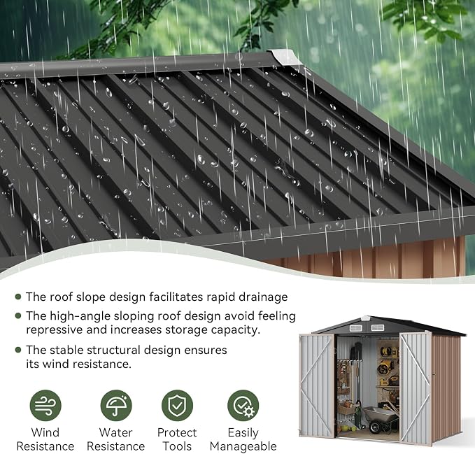 Aoxun 6.2x4 FT Shed Outdoor Storage Shed with Lockable Doors & Slooping Roof Metal Garden Tool Shed for Backyard, Patio, Poolside (Brown) - Image 4