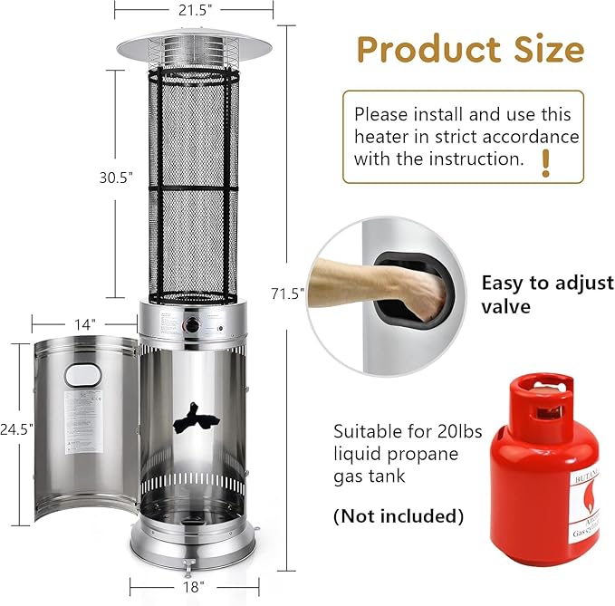 Happygrill Patio Heater, Outdoor Round Space Heater with Adjustable Heat, Wheels & True Flame, 40000 BTU Stainless Steel Patio Propane Heater Freestanding for Outdoor Use Garden Balcony BBQ Party