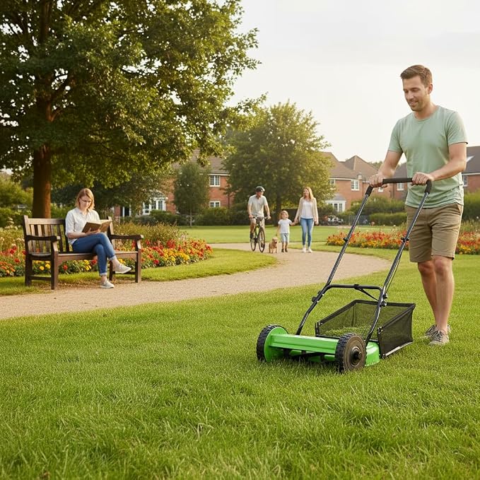 14-Inch 5-Blade Push Reel Lawn Mower with Grass Catcher, Green - Adjustable Height Precision Cutting, Eco-Friendly Manual Lawn Mower with Durable Steel Blades for Lawn Maintenance - Image 3
