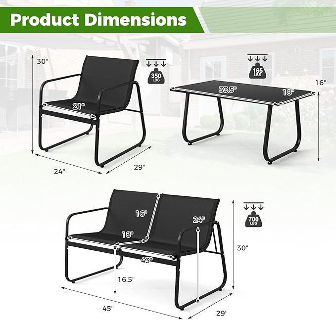 Tangkula 4 Piece Patio Furniture Set, Outdoor Metal Conversation Chair & Coffee Table Set with Mesh Seat Fabric & Tempered Glass Tabletop, Outside Bistro Set for Backyard, Porch, Poolside (1, Black)