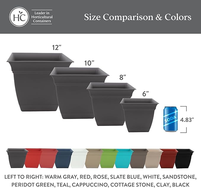 The HC Companies 10 Inch Eclipse Square Planter Pots with Drainage Holes & Attached Saucer, Lightweight UV-Resistant Plastic Indoor Outdoor Planters, 2-Pack Flower Pots, Garden Home Decor, Slate Blue