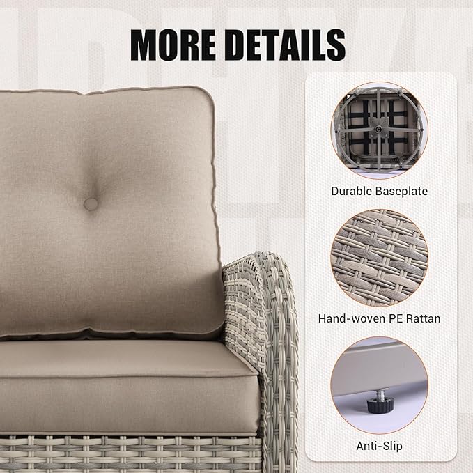 15-Piece Outdoor Patio Furniture Set with Rocking Swivel Chair Wicker Sectional Sofa Set, Patio Conversation Set with Thickened Cushions & Coffee Table for Garden, Backyard, Poolside, Beige