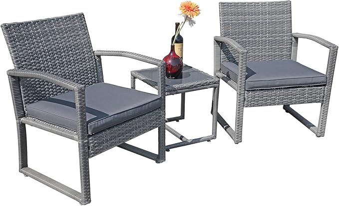 Patiorama 3 Piece Outdoor Patio Furniture Conversation Set, Rattan Chair Set With Coffee Table, For Garden, Balcony, Backyard, Poolside (Dark Grey)
