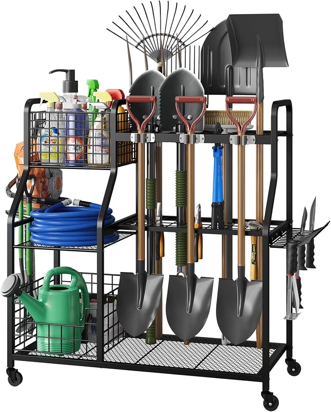 keomaisyto Garden Tool Organizer with Heavy Duty Wheels for Garage - with 2 Baskets, Large Yard Tool Organizer and Storage Holder, Utility Garden Tool Rack for/Shed/Garage/Yard/Basement/Lawn by keomaisyto