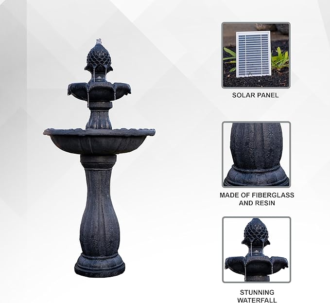 XBrand 44" Solar Powered 2-Tier Outdoor Water Fountain, Fiberglass Resin Fountain with Auto Shut-Off Pump, Black