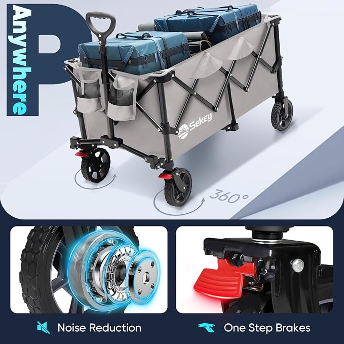 Sekey Collapsible Foldable Wagon with 330lbs Weight Capacity, Heavy Duty Folding Wagon Cart with Big All-Terrain Wheels & Drink Holders. Gray - Image 6