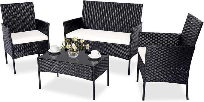 Patio Furniture Set 4 Pieces, Outdoor Rattan Furniture with Tempered Glass Coffee Table, Modern Rattan Patio Chairs Conversation Sets with Sofa for Garden, Terrace, Porch, Lawns