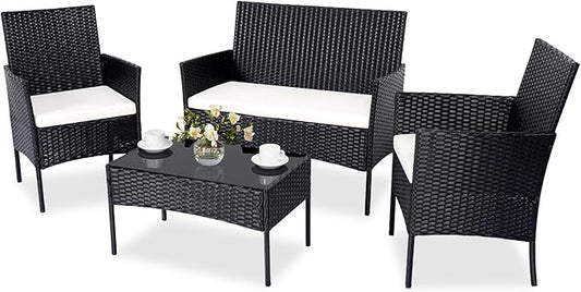 Patio Furniture Set 4 Pieces, Outdoor Rattan Furniture with Tempered Glass Coffee Table, Modern Rattan Patio Chairs Conversation Sets with Sofa for Garden, Terrace, Porch, Lawns