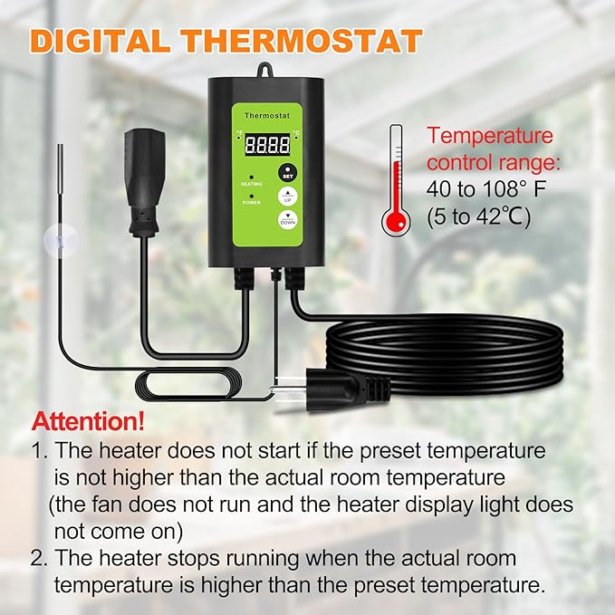 Greenhouse Heater with Digital Thermostat - 1500W Portable Outdoor Heaters for Green House, Fast Heating, Overheat Protection, Space Heaters for Greenhouse, Grow Tent Heater (Red)