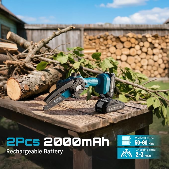 SEESII Mini Chainsaw 6 inch,Cordless Chainsaw w/ 2x2000mAh Batteries,Oiler System & Replacement Chain,Handheld Electric Chain Saw w/Safety Lock,Battery Powered Chainsaw for Wood Tree Cutting, M6 Plus - Image 4