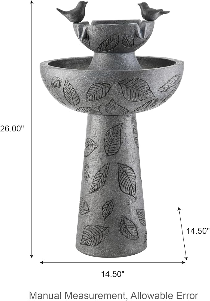 Glitzhome Outdoor Water Fountain with Lights & Pump, 26" H 2-Tiered Polyresin Bird Bath Fountain Floor-Standing Water Feature Waterfall Fountain for Garden, Yard, Patio, Home Decor