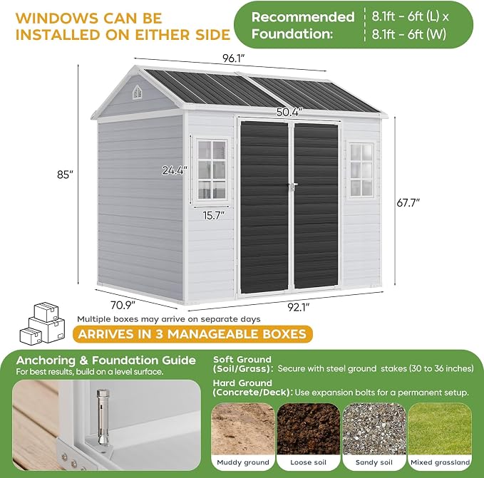 WACASA 8x6 FT Resin Plastic Shed with Floor, Heavy-Duty 21-Gauge Reinforced Steel Frame, 16mm Ultra-Thick Panels, Outdoor Storage Sheds with Awning Windows, Air Vents - Image 7