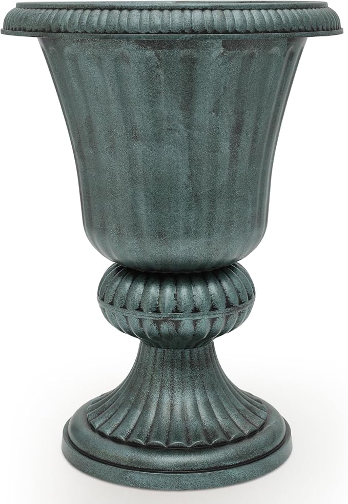 MoNiBloom 20-Inch Plastic Urn Planter Vase for Outdoor Indoor Plants Garden Patio Vintage Decorative Wedding Pedestal Roman Flower Pot Decoration Retro Home Front Porch Door Decor (Dark Green)