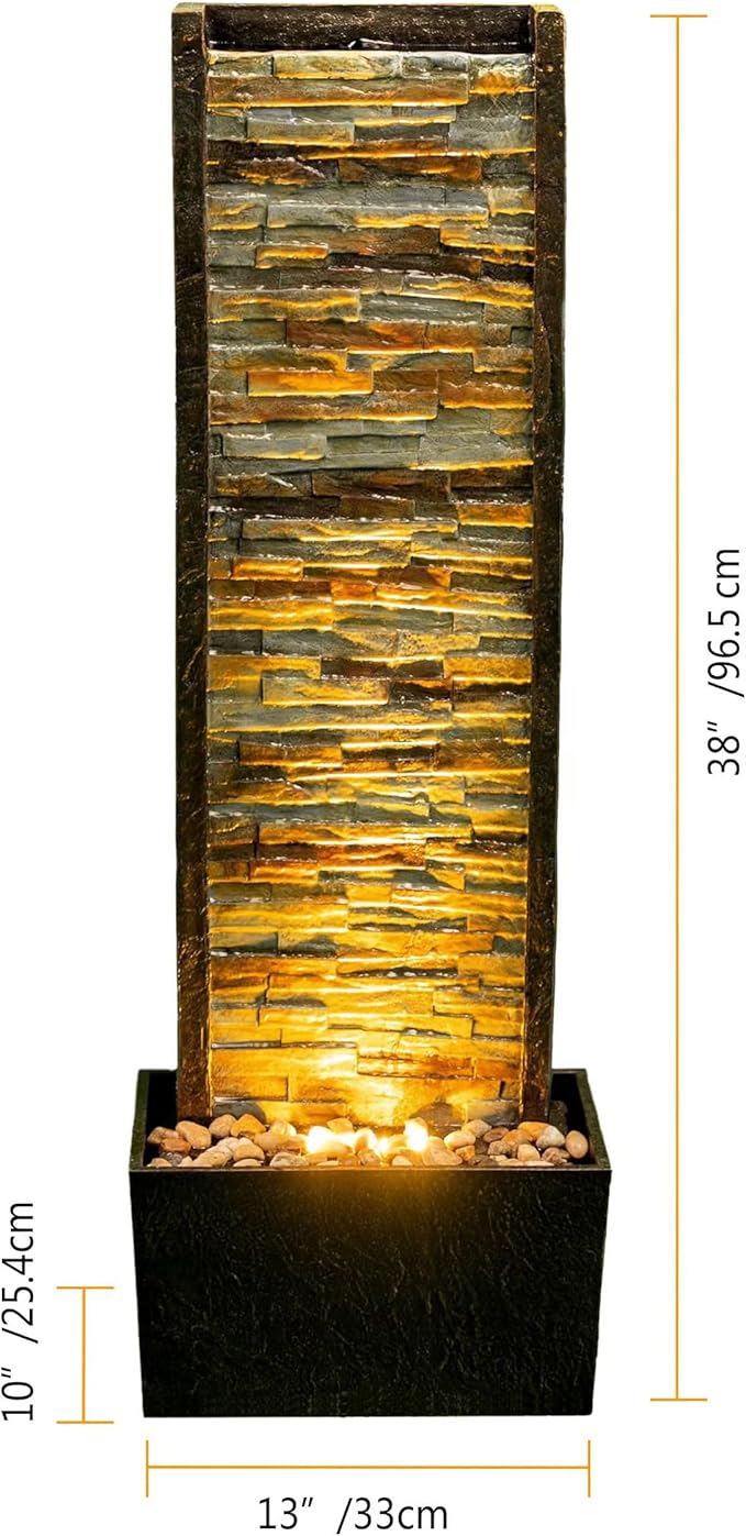 Cheng Pin Indoor Water Fountain -Staggered Stone Wall Design,Create Relaxing Ambiance to Decor Your Living Room,Office,Bedroom Or Outdoor Garden with Waterfall Water Feature and LED Lights,38in. Tall