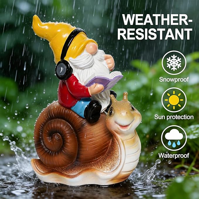 Ferrisland Garden Gnomes Snail Outdoor Figurines with Solar Lights, 10.4 inches Resin Solar Gnomes Decoration Yard Outdoor Garden, Patio Yard Lawn Birthday Housewarming Mother's Day（Gnome on Snail）