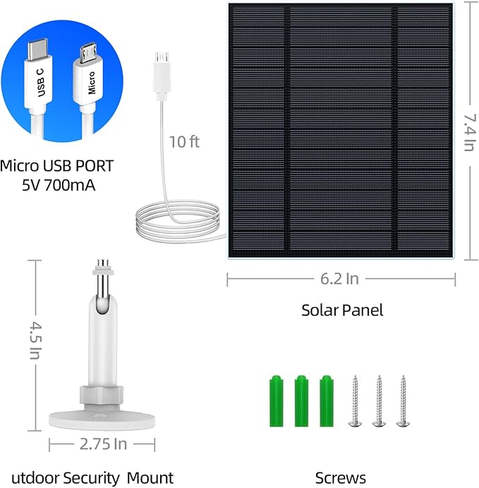 5W Solar Panel for Security Camera, Solar Panel with Micro USB & USB-C Port for DC 5V Outdoor Rechargeable Battery Camera, IP65 Waterproof, 360?? Adjustable Security Mount, 9.8ft Cable(White 1PC) - Image 5