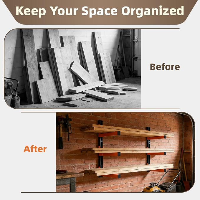 Wall Mounted Lumber Storage Rack and Wood Organizer, Heavy Duty Steel Shelf Brackets for Garages Workshops & Outdoor Sheds, Space Saving Metal Wall Rack - Image 4
